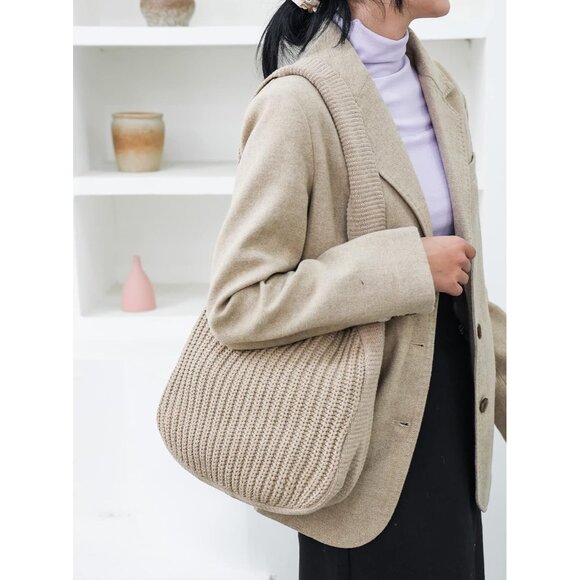 Women's Khaki Shoulder Handbags Crocheted Bags Large Knit Bag Tote Bag - Picture 9 of 9